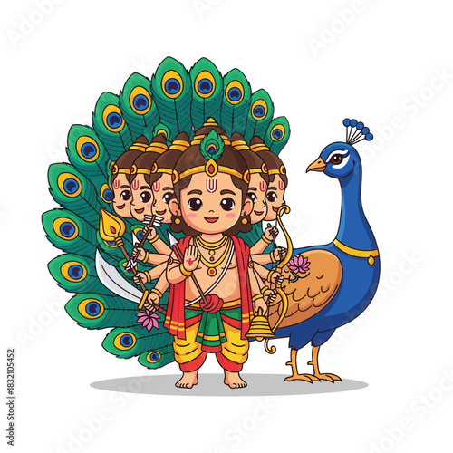 Adorable cartoon Hindu god Kartikeya with peacock feathers brings a festive spirit to your creative projects and cultural celebrations