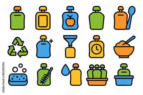 Colorful icons of bottles, recycling, baby food, and cleaning supplies