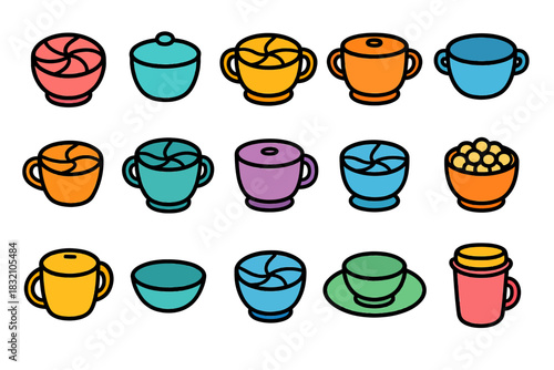 Colorful assorted cup and bowl icons in various shapes and designs
