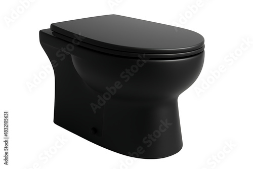 Modern black ceramic toilet isolated on dark background, contemporary bathroom fixture design concept