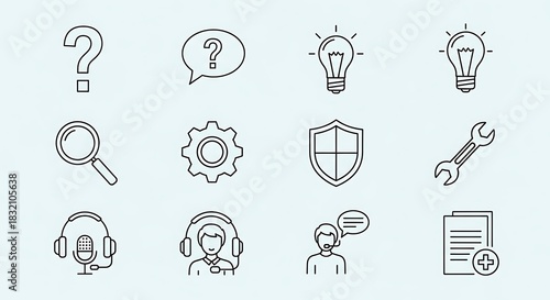 A set of outlined icons related to support, problem solving, and information