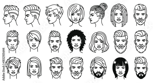 Different hairstyles and beards vector illustration set art