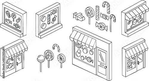 A collection of candy shop illustrations featuring storefronts, candy displays, and various sweet treats in outline vector style, perfect for food-related projects and designs