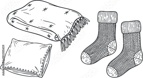 A cozy blanket, pillow, and pair of knitted socks in hand-drawn outline style, perfect for home decor and winter illustrations