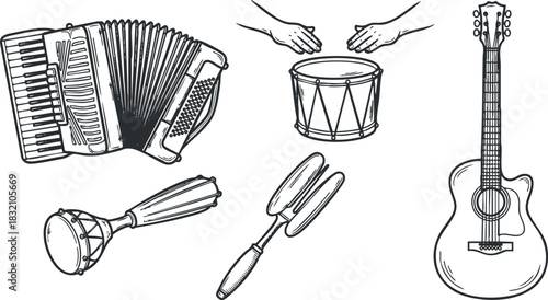 A collection of musical instruments including an accordion, drum, guitar, and percussion tools in a hand-drawn outline vector style, perfect for music-themed projects