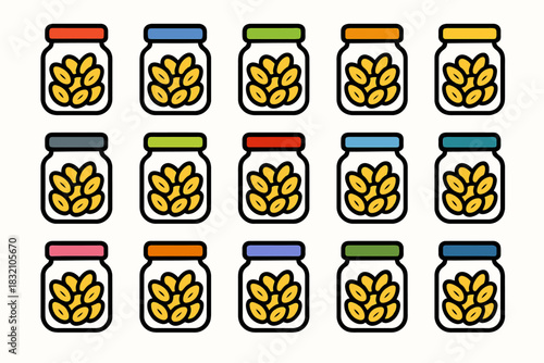 Colorful jars of nuts in various lid shades on white background