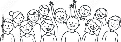 A group of diverse smiling people with cheerful expressions in black and white outline style, ideal for community and social themes
