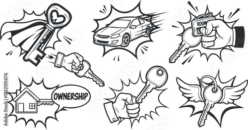 A collection of key illustrations featuring a house, car, and room, in a black and white cartoon vector style, ideal for real estate and ownership concepts