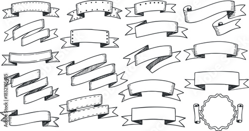 A collection of hand-drawn decorative banners and ribbons in black outline vector style, suitable for graphic design projects