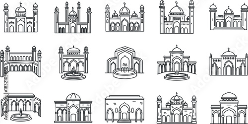 A collection of iconic architectural monuments in outline black and white vector style, suitable for travel and cultural design projects