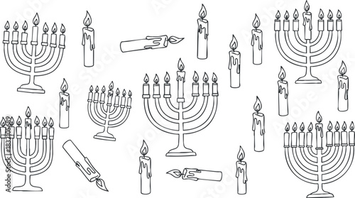 A collection of menorahs and candles in outline vector style, ideal for Hanukkah celebrations and holiday designs