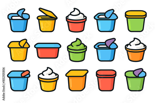 Colorful yogurt containers with lids and creamy tops in assorted shapes and sizes