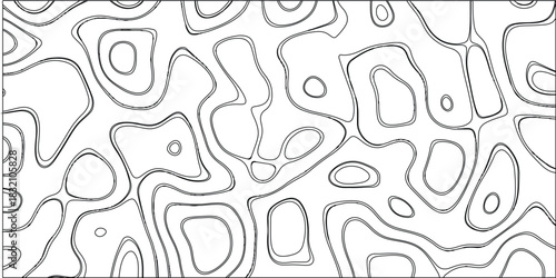 Abstract black and white organic contour lines forming irregular shapes and patterns on a white background, creating a sense of flow and movement, perfect for graphic design and artistic backgrounds