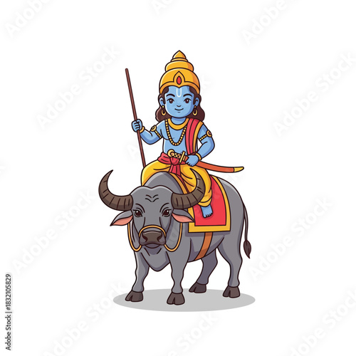 Vibrant depiction of Yama riding his buffalo perfect for children's books or cultural learning materials about Hindu deities