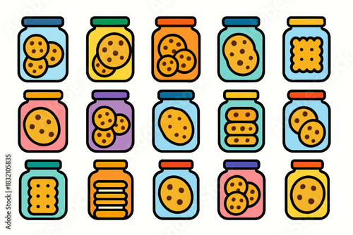 Colorful cookie jars with variety of cookie shapes in grid pattern