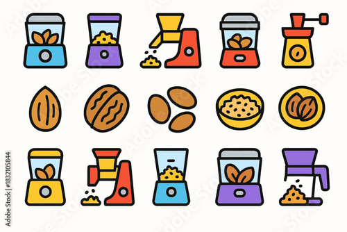 Colorful set of nut grinder and blender icons for kitchen and cooking