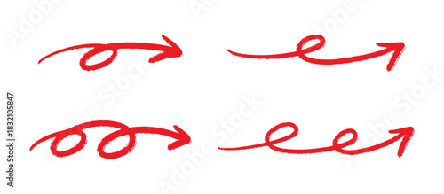 右向きのペンの手書き矢印セット 赤　ベクター