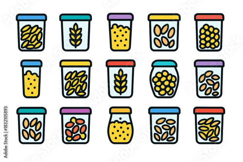 Colorful assorted grain containers with transparent lids in a grid pattern