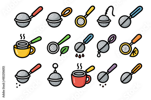 Colorful tea infusers and cups with lemony themes