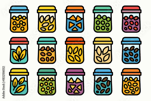 Colorful assortment of jars containing various seeds and spices
