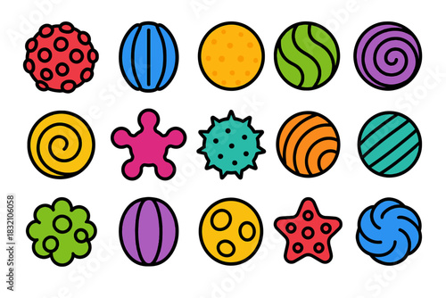 Colorful patterned spheres and shapes: diverse abstract design collection