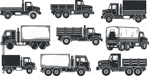 A set of delivery trucks in black and white vector style, suitable for logistics and transportation projects