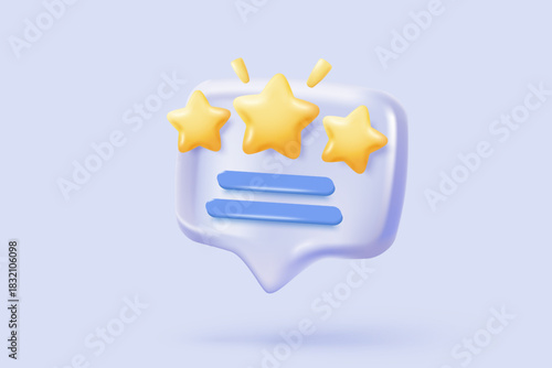 3d stars rating for best excellent services. Result score for satisfaction in speech bubble. Review for quality customer rating feedback, product award review. 3d star icon vector render illustration