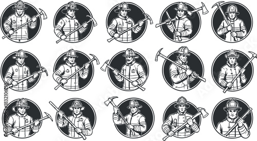A collection of firefighter illustrations featuring heroes in black and white vector style, suitable for emergency services branding
