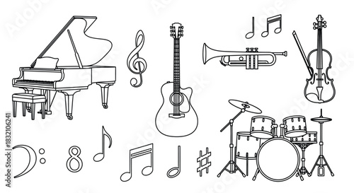 Music instruments line art piano guitar drums violin trumpet notes