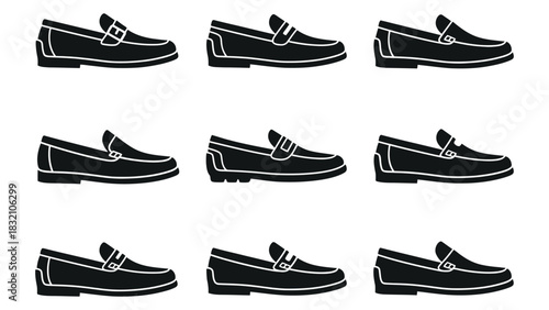 Nine black loafer shoes arranged in a grid pattern on white background
