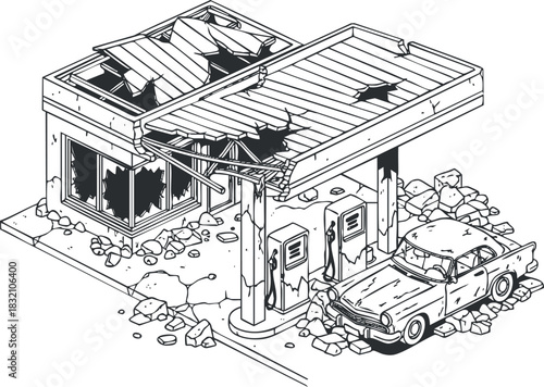 A sketch of an abandoned gas station with a vintage car in black and white outline style, ideal for urban decay themes