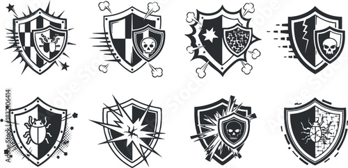 A collection of eight shield emblems featuring skulls, bursts, and various designs in black and white vector style, ideal for security branding and graphic design