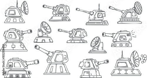 A collection of various artillery turrets and cannons in outline vector style, suitable for game design and military themes