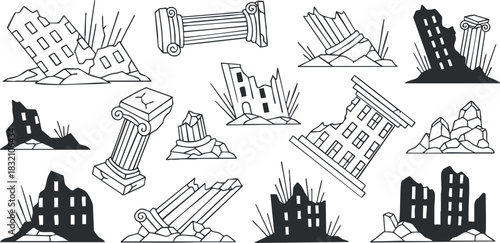 A collection of crumbling ruins and architectural elements in black and white outline vector style, suitable for historical or artistic projects.