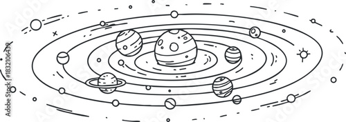 A collection of planets in orbit around the sun in a clean outline vector style, ideal for educational materials and space-themed designs