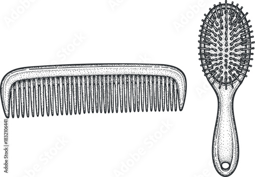 A collection of hair combs and brushes in detailed black and white vector style, perfect for beauty and grooming designs