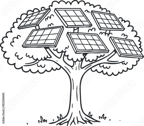 A tree with solar panels integrated into its branches in a black and white outline vector style, ideal for sustainability and eco-friendly projects