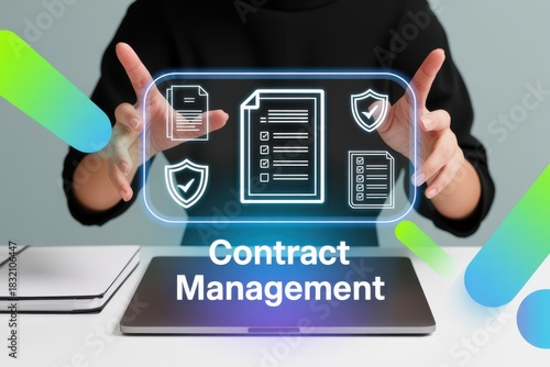 Digital contract management interface with legal documents and shields digital interface checklist