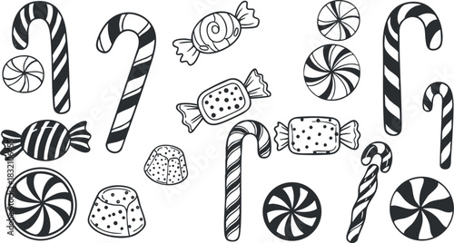 A collection of various candies, including lollipops, candy canes, and sweets in black and white vector style, perfect for festive designs