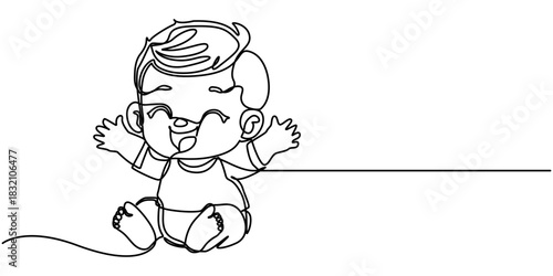 Continuous one line drawing of cute baby boy, Cute toddler child in single line draw vector illustration. Editable outline vector. 