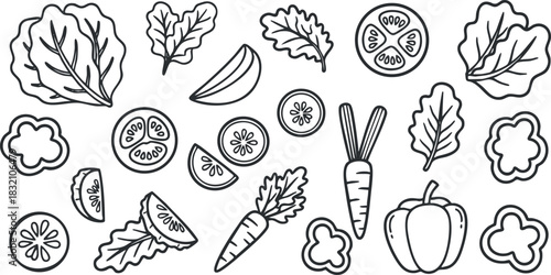 A collection of various vegetables including lettuce, tomatoes, carrots, and peppers in black outline vector style, ideal for healthy eating concepts