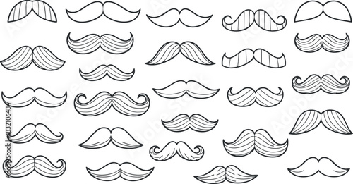 A collection of various mustache designs in black outline vector style, suitable for grooming branding or creative projects