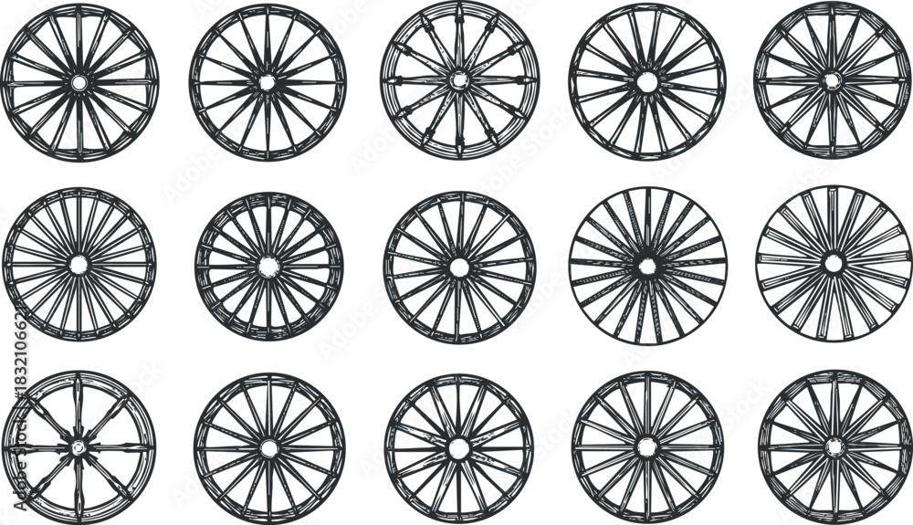 Fototapeta premium A collection of circular wheels with spokes in black and white outline vector style, perfect for transportation-themed designs