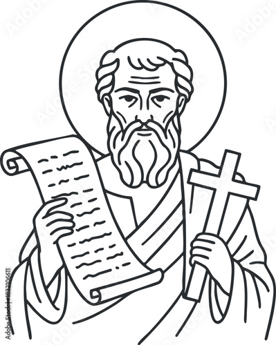 A religious figure holding a scroll and cross in a detailed line art style, suitable for spiritual themes and illustrations
