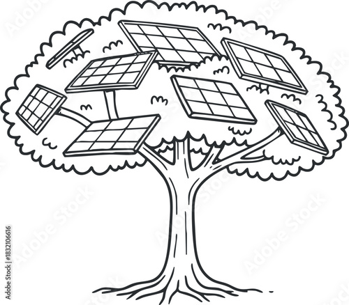 A tree with solar panels integrated into its branches in a black and white outline vector style, suitable for eco-friendly design projects