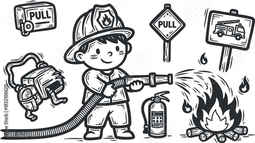 A cartoon firefighter spraying water on a fire with a hose in black and white line art style, ideal for educational materials on fire safety