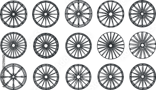 A collection of circular wheels with spokes in black and white outline vector style, perfect for transportation-themed designs