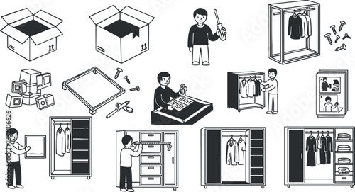 A collection of icons illustrating furniture assembly and wardrobe organization in black and white vector style, ideal for home improvement projects
