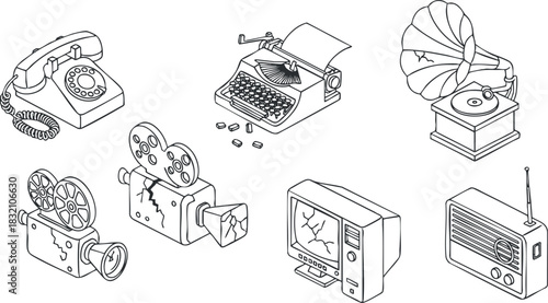A collection of vintage electronics including a telephone, typewriter, fan, gramophone, camera, and television in minimalist black and white vector style, suitable for retro-themed design projects