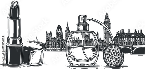 A collection of lipstick and perfume bottle with London skyline in black and white outline vector style, ideal for beauty branding and fashion projects